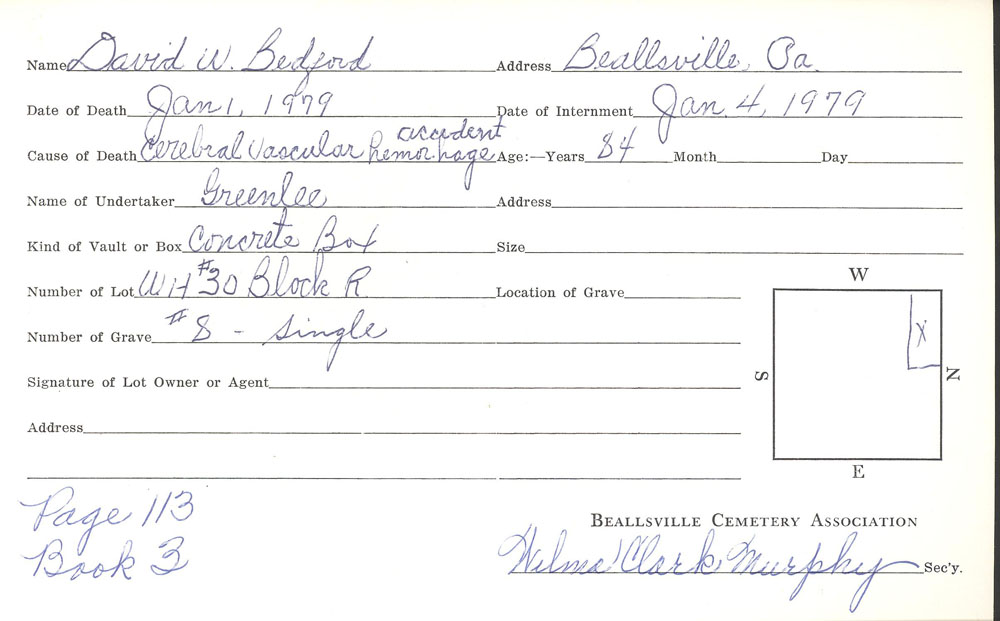 David W. Bedford  burial card